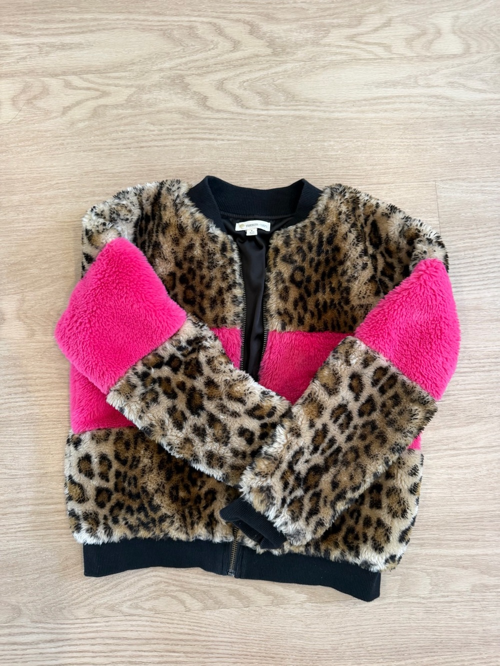 Tucker and Tate Kids Leopard Print Faux Fur Bomber Jacket with Hot Pink Panels